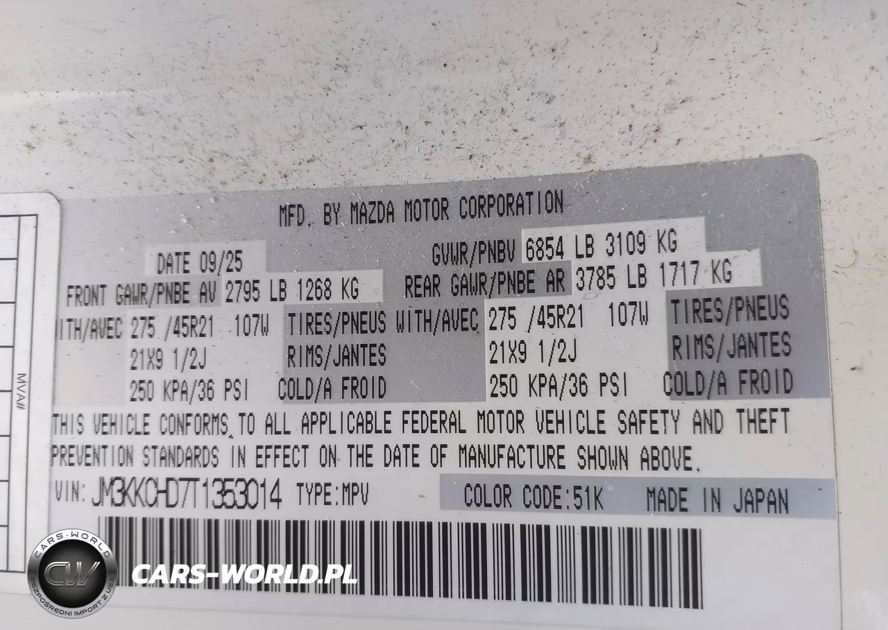 2026 Mazda Cx-90 3.3 Turbo Premium Sport VIN:JM3KKCHD7T1353014 - 9