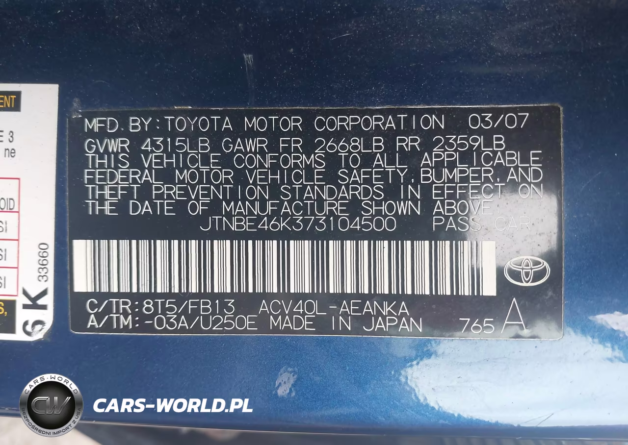 2007 Toyota Camry Ce VIN:JTNBE46K373104500 - 9