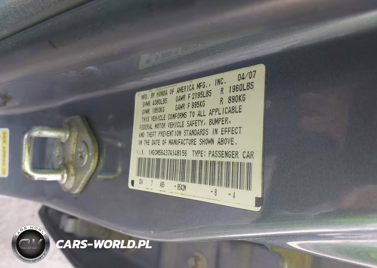 2007 Honda Accord 2.4 Lx VIN:1HGCM56437A148156 - 9
