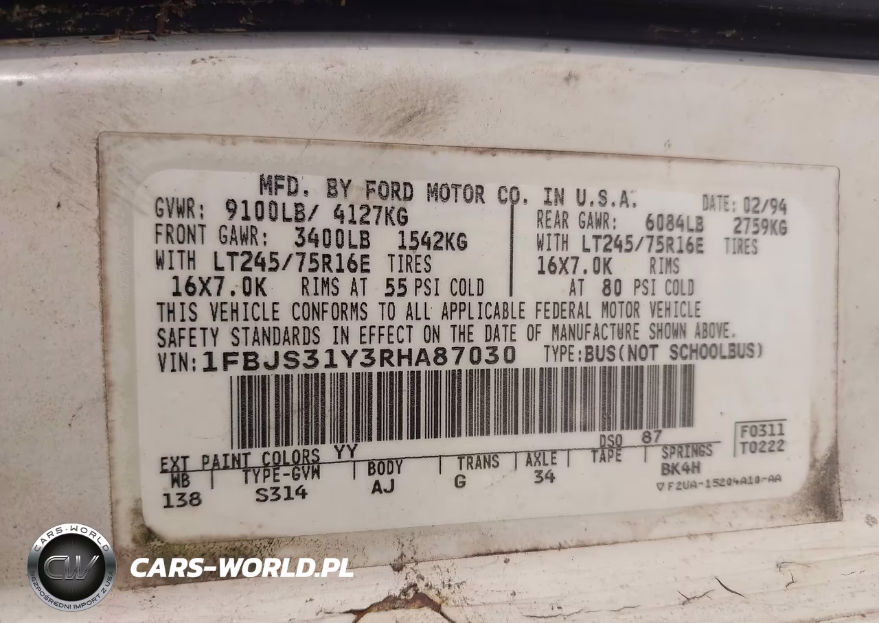 1994 Ford Econoline E350 Super Duty VIN:1FBJS31Y3RHA87030 - 9