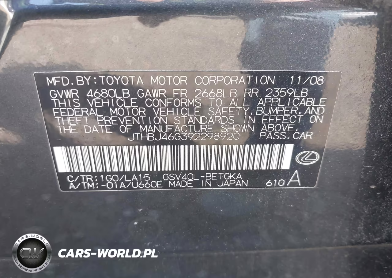 2009 Lexus Es 350 VIN:JTHBJ46G392298920 - 9
