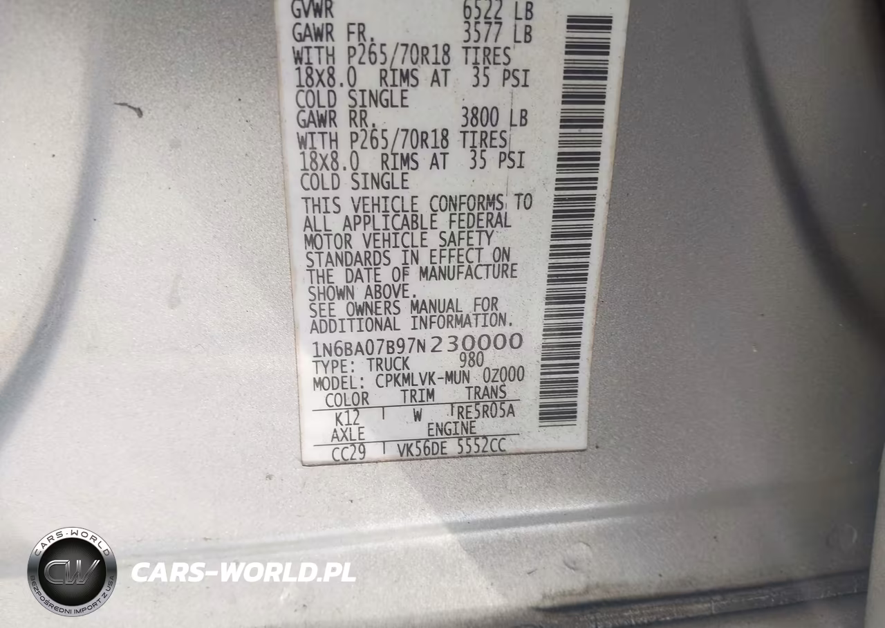 2007 Nissan Titan Le VIN:1N6BA07B97N230000 - 9