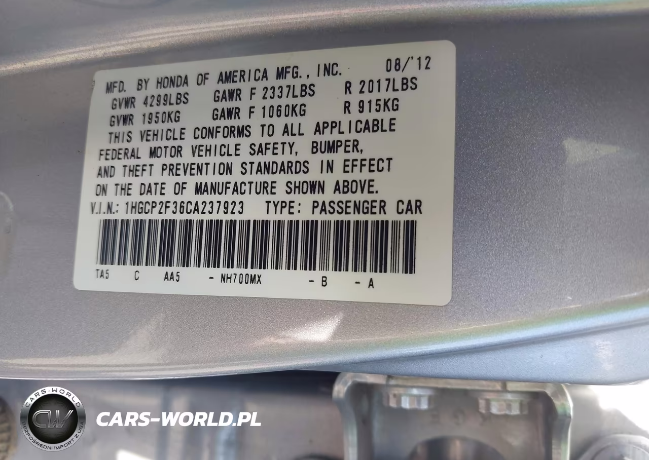 2012 Honda Accord 2.4 Lx VIN:1HGCP2F36CA237923 - 9