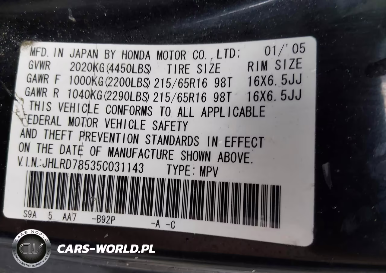 2005 Honda Cr-V Lx VIN:JHLRD78535C031143 - 9