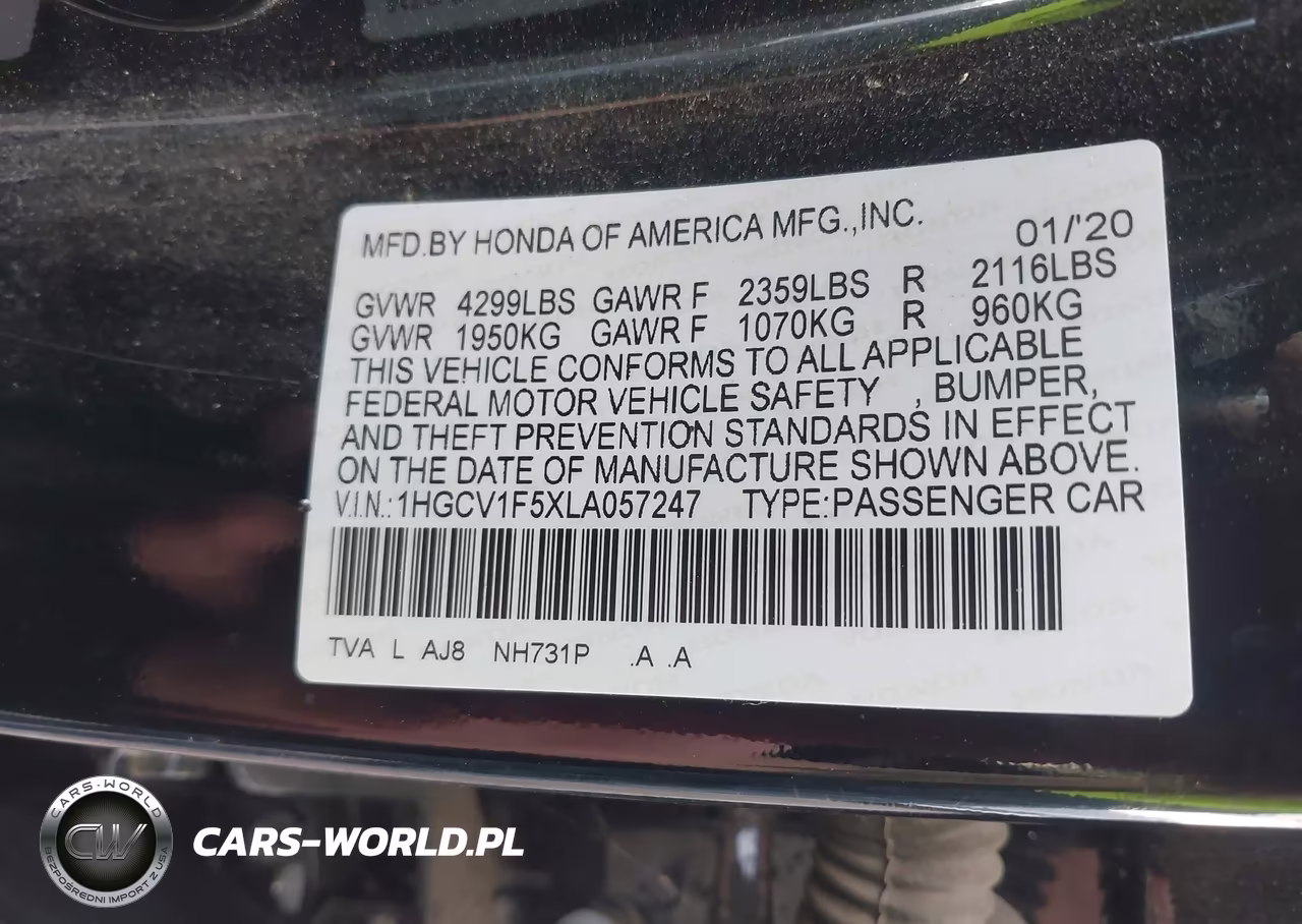 2020 Honda Accord Ex-L VIN:1HGCV1F5XLA057247 - 9