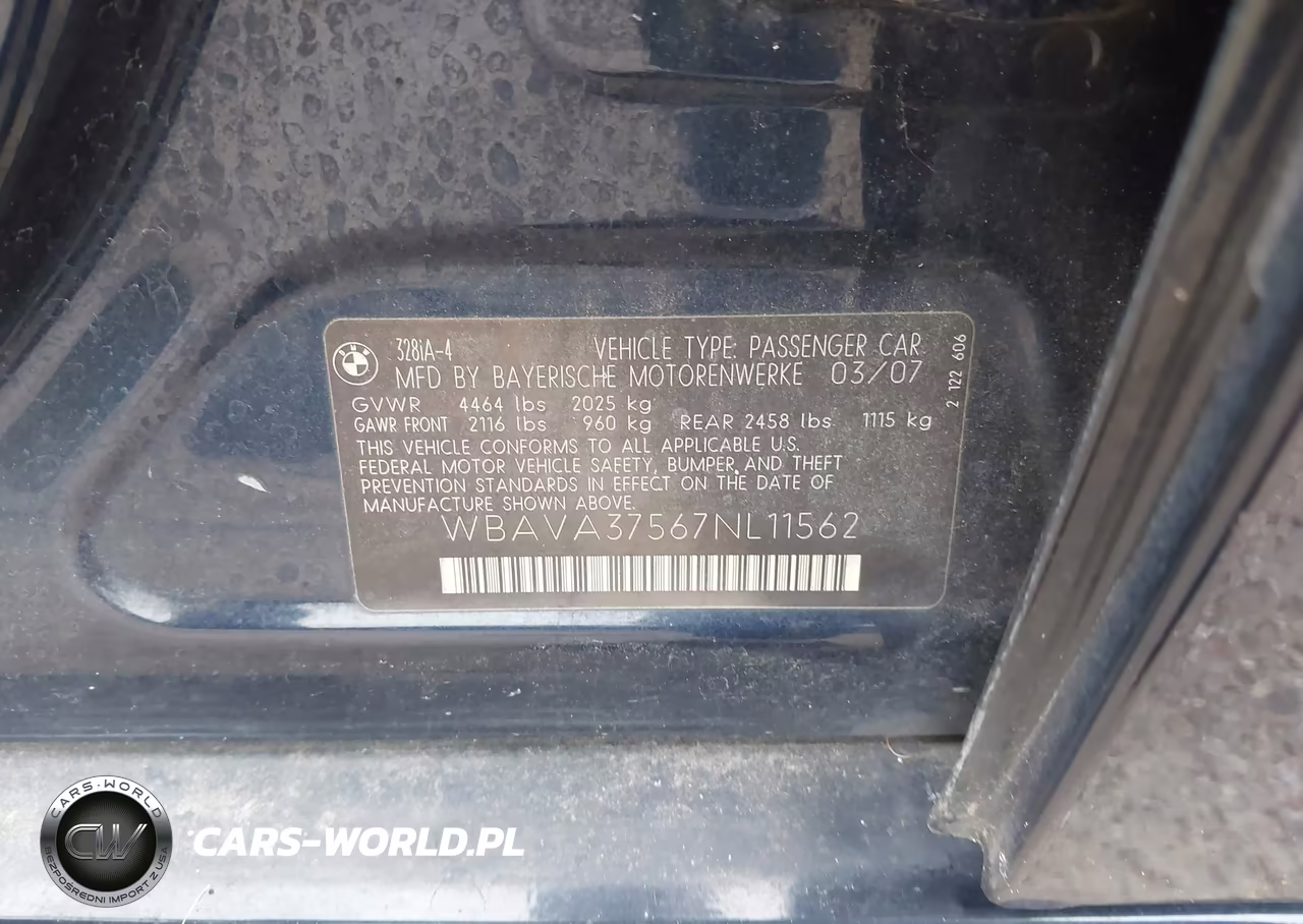 2007 BMW 328I VIN:WBAVA37567NL11562 - 9