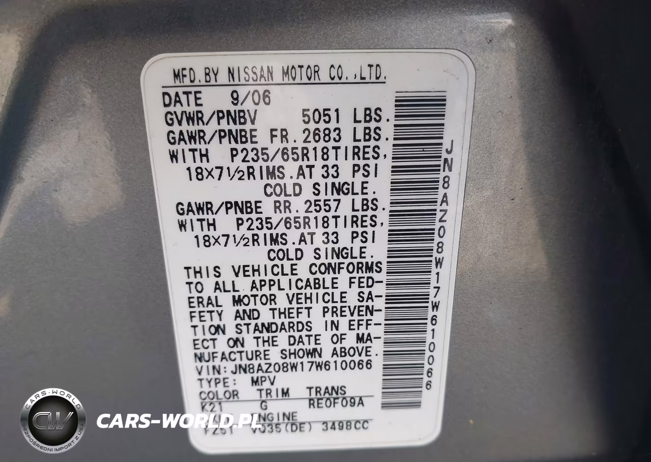 2007 Nissan Murano Sl VIN:JN8AZ08W17W610066 - 9