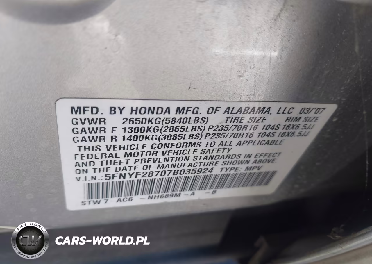 2007 Honda Pilot Ex-L VIN:5FNYF28707B035924 - 9
