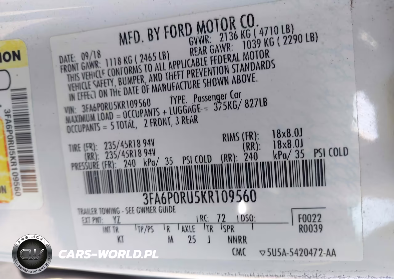 2019 Ford Fusion Hybrid Titanium VIN:3FA6P0RU5KR109560 - 9