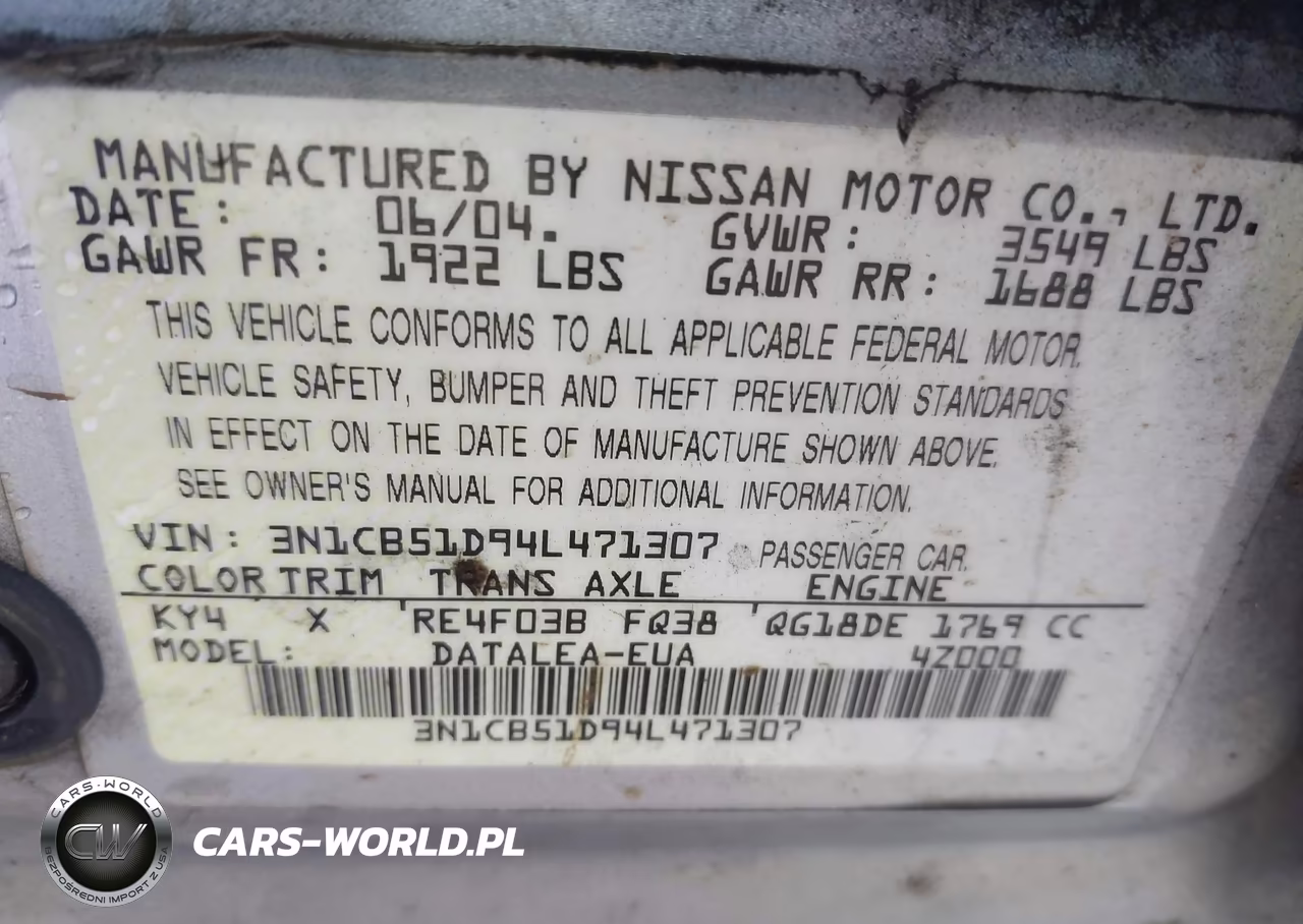 2004 Nissan Sentra 1.8S VIN:3N1CB51D94L471307 - 9