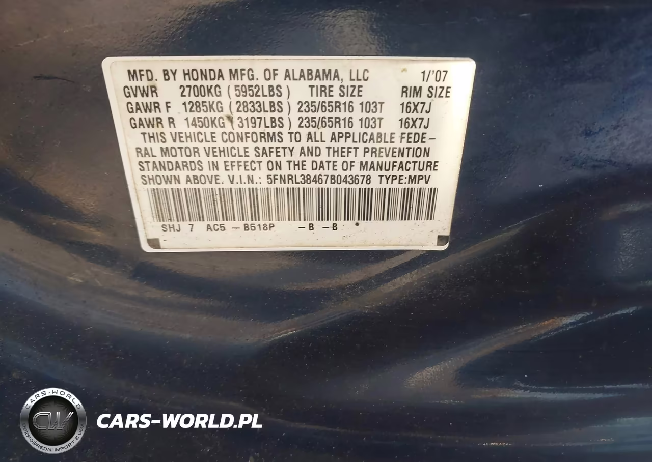 2007 Honda Odyssey Ex VIN:5FNRL38467B043678 - 9
