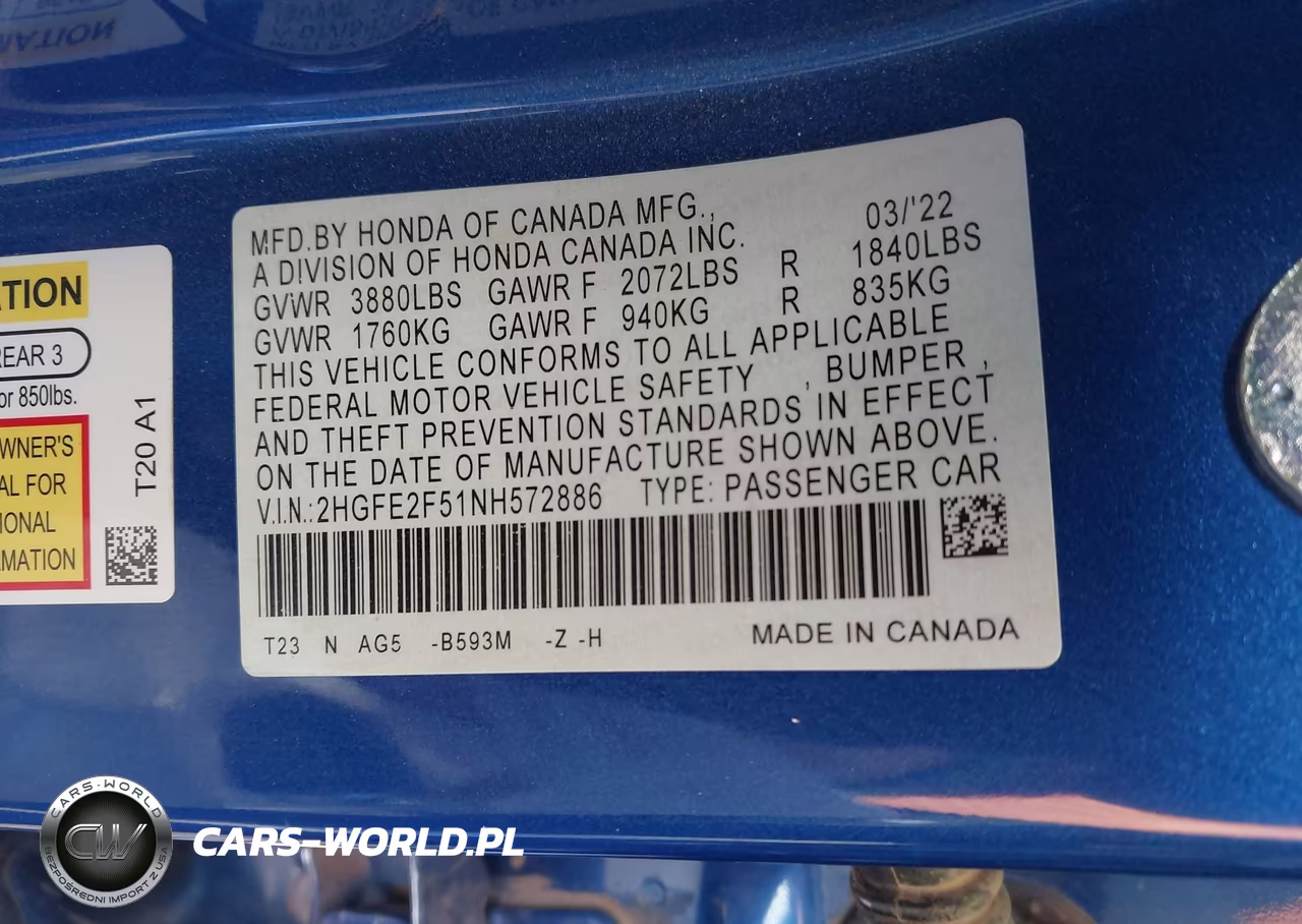 2022 Honda Civic Sport VIN:2HGFE2F51NH572886 - 9