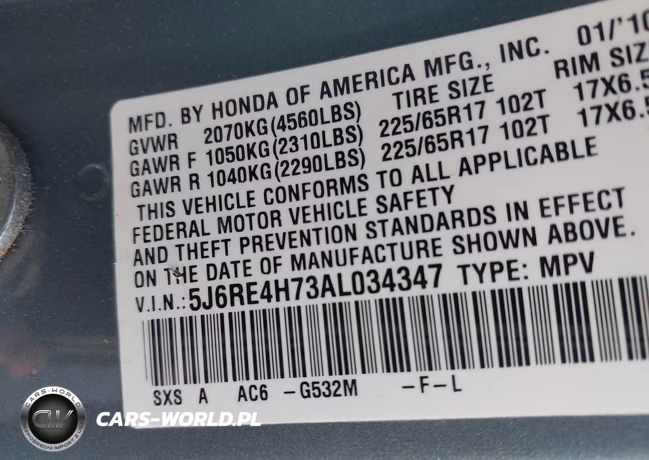 2010 Honda Cr-V Ex-L VIN:5J6RE4H73AL034347 - 9