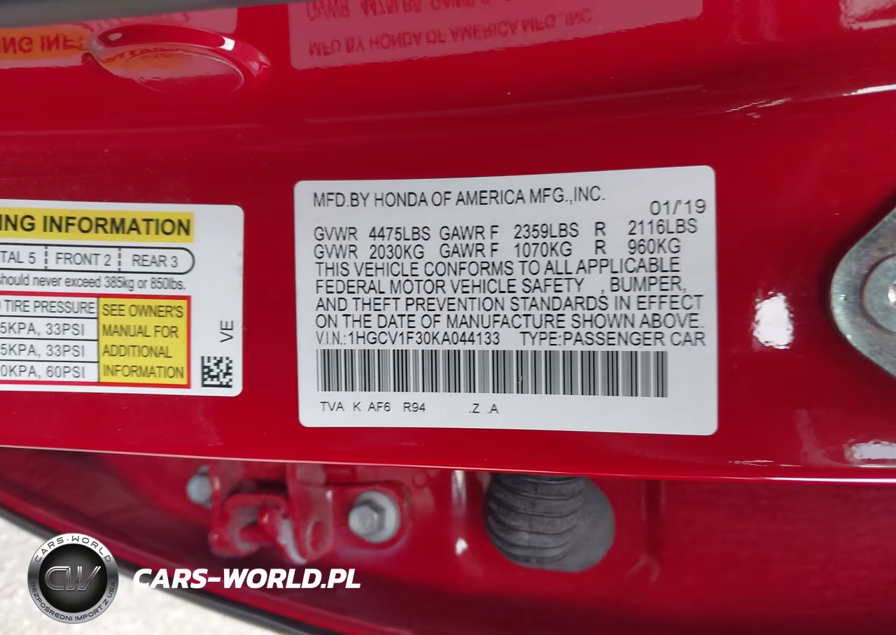 2019 Honda Accord Sport VIN:1HGCV1F30KA044133 - 9