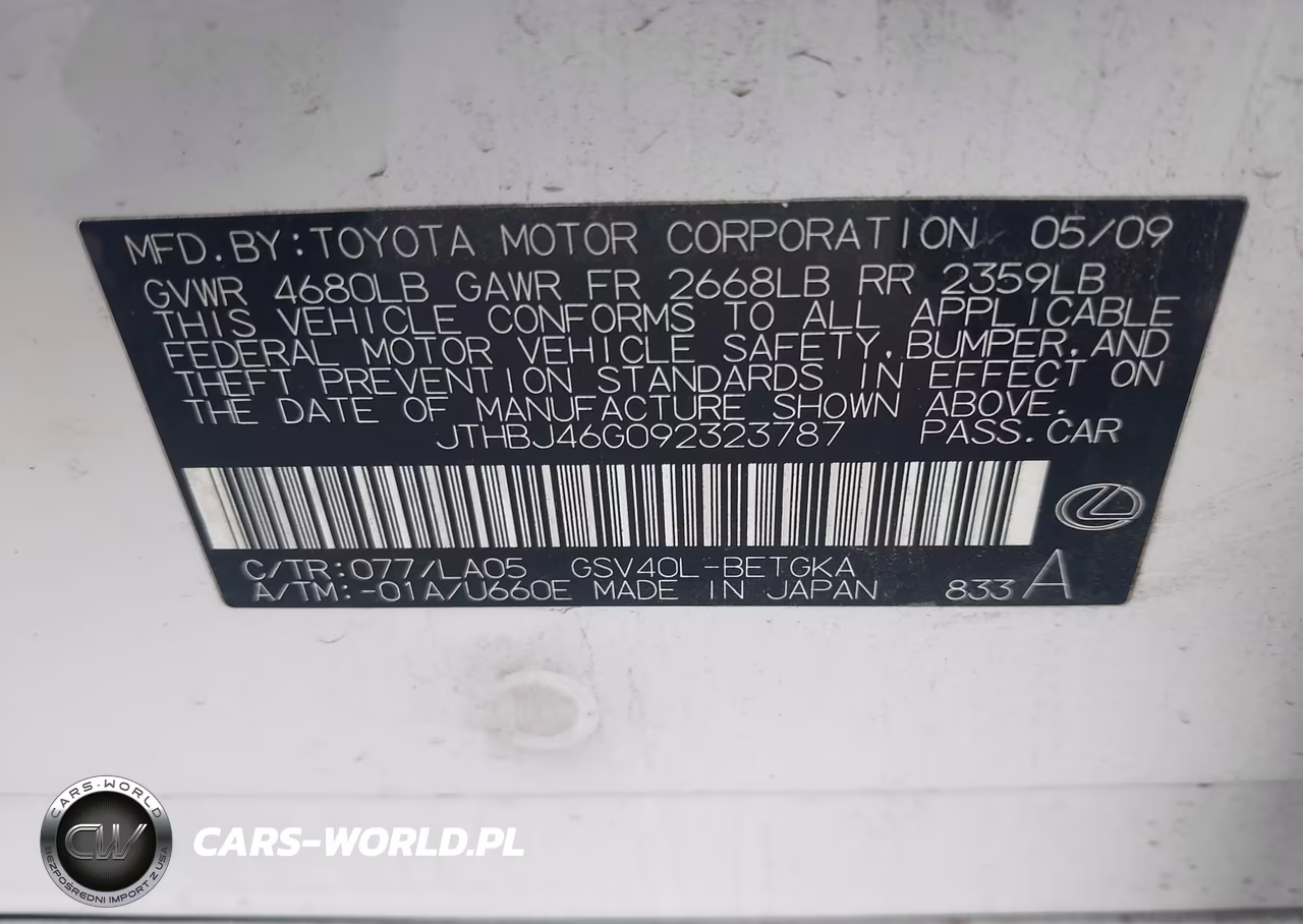 2009 Lexus Es 350 VIN:JTHBJ46G092323787 - 9