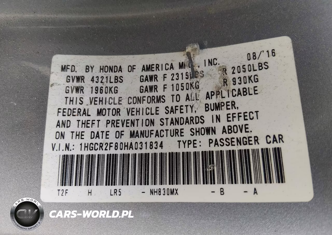 2017 Honda Accord Ex-L VIN:1HGCR2F80HA031834 - 9