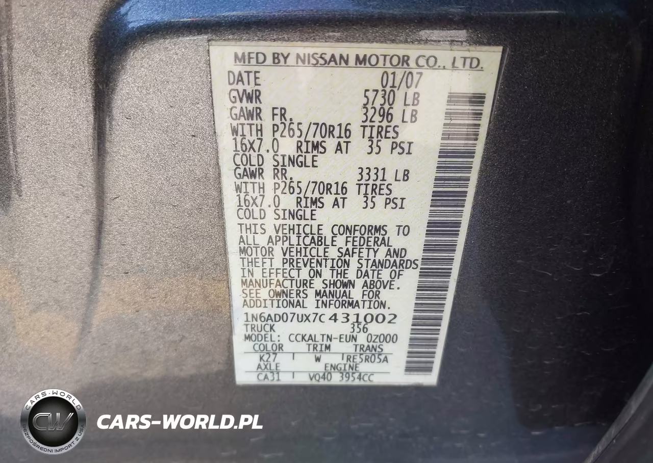 2007 Nissan Frontier Se VIN:1N6AD07UX7C431002 - 9
