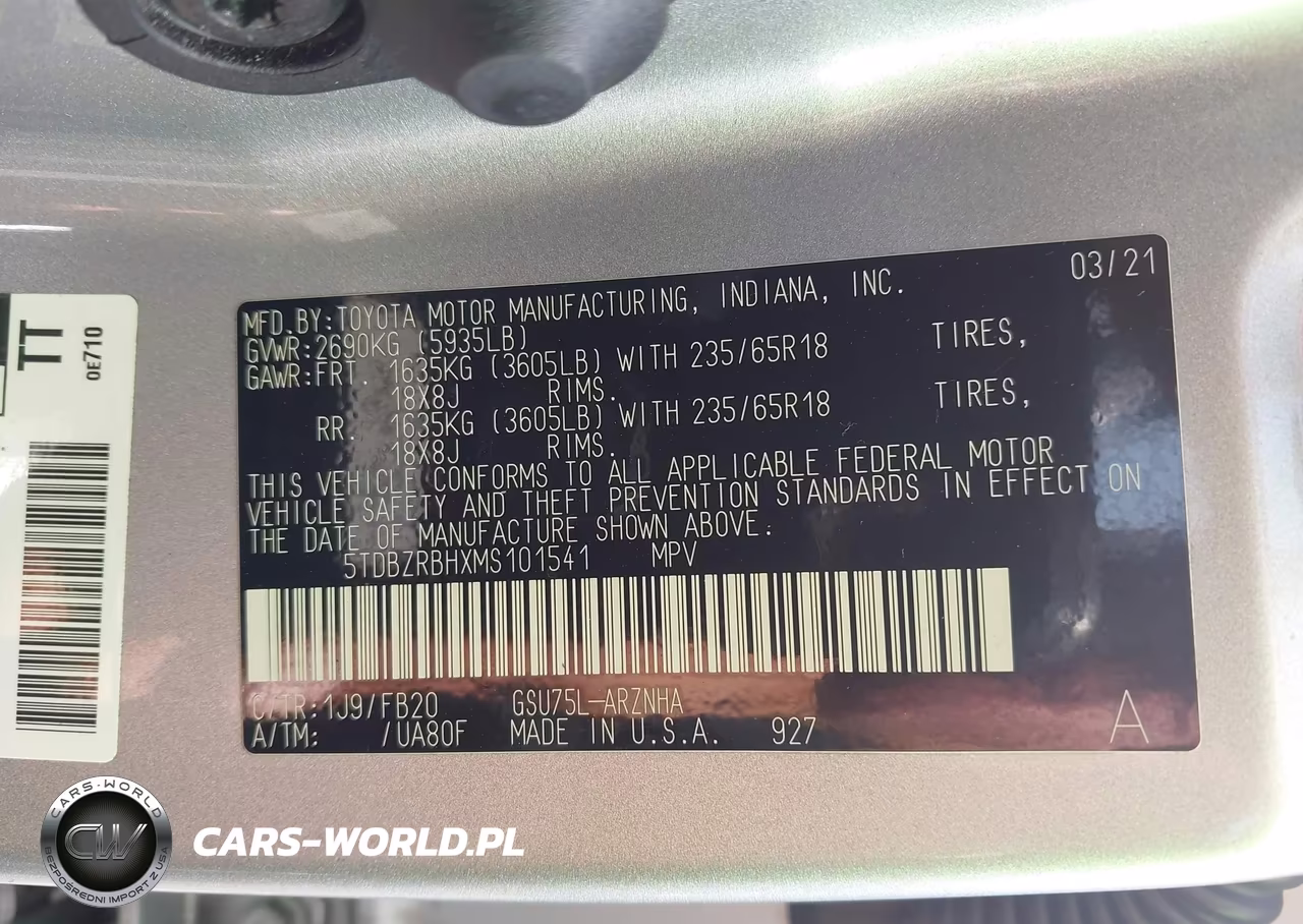 2021 Toyota Highlander Le VIN:5TDBZRBHXMS101541 - 9