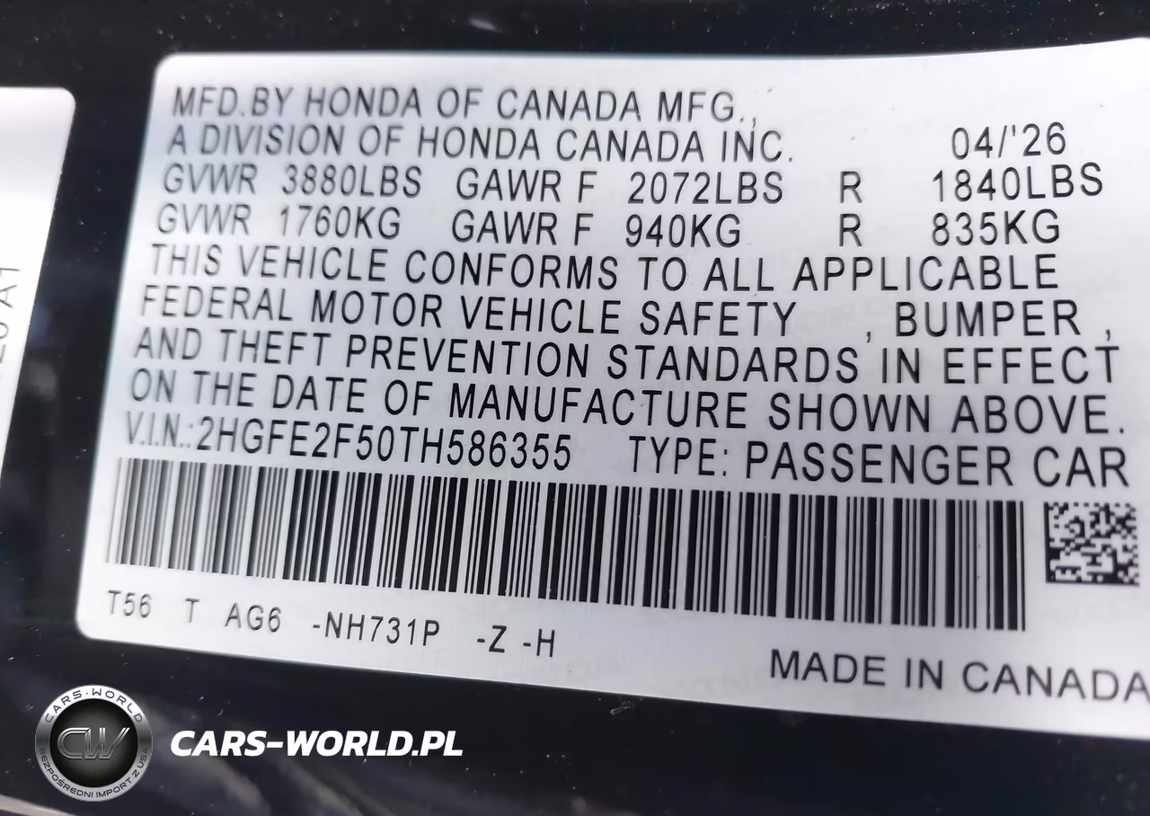 2026 Honda Civic Sport VIN:2HGFE2F50TH586355 - 9