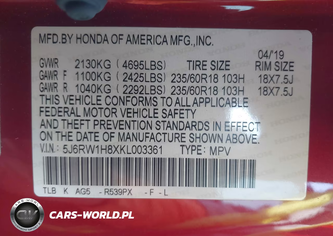 2019 Honda Cr-V Ex-L VIN:5J6RW1H8XKL003361 - 9
