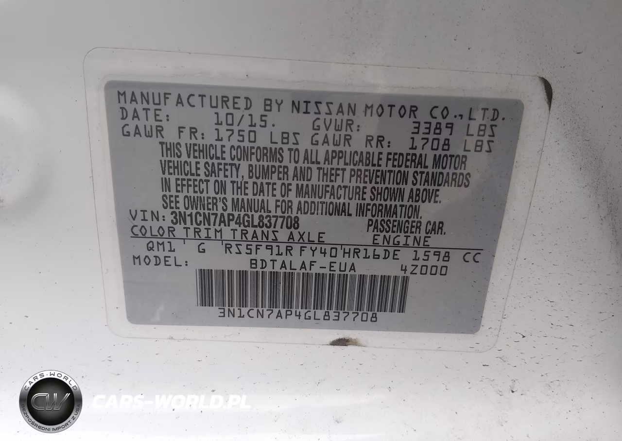 2016 Nissan Versa 1.6 S VIN:3N1CN7AP4GL837708 - 9