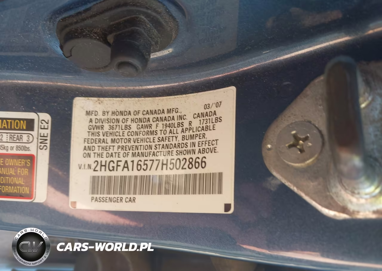 2007 Honda Civic Lx VIN:2HGFA16577H502866 - 9