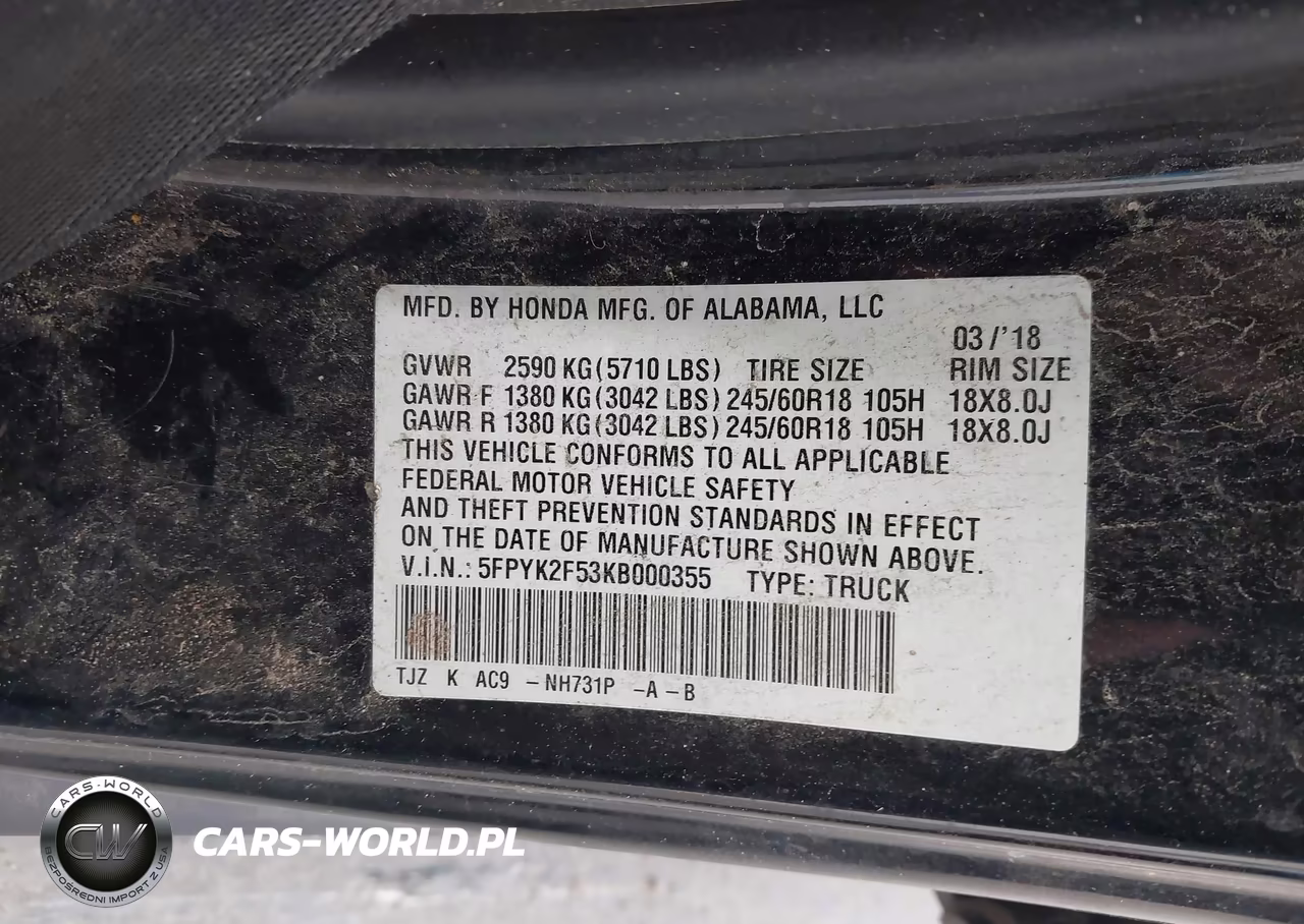 2019 Honda Ridgeline Rtl VIN:5FPYK2F53KB000355 - 9