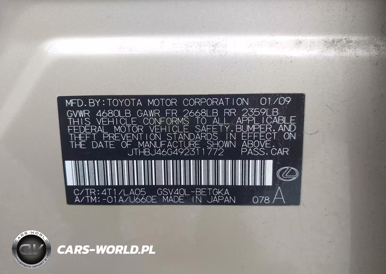 2009 Lexus Es 350 VIN:JTHBJ46G492311772 - 9