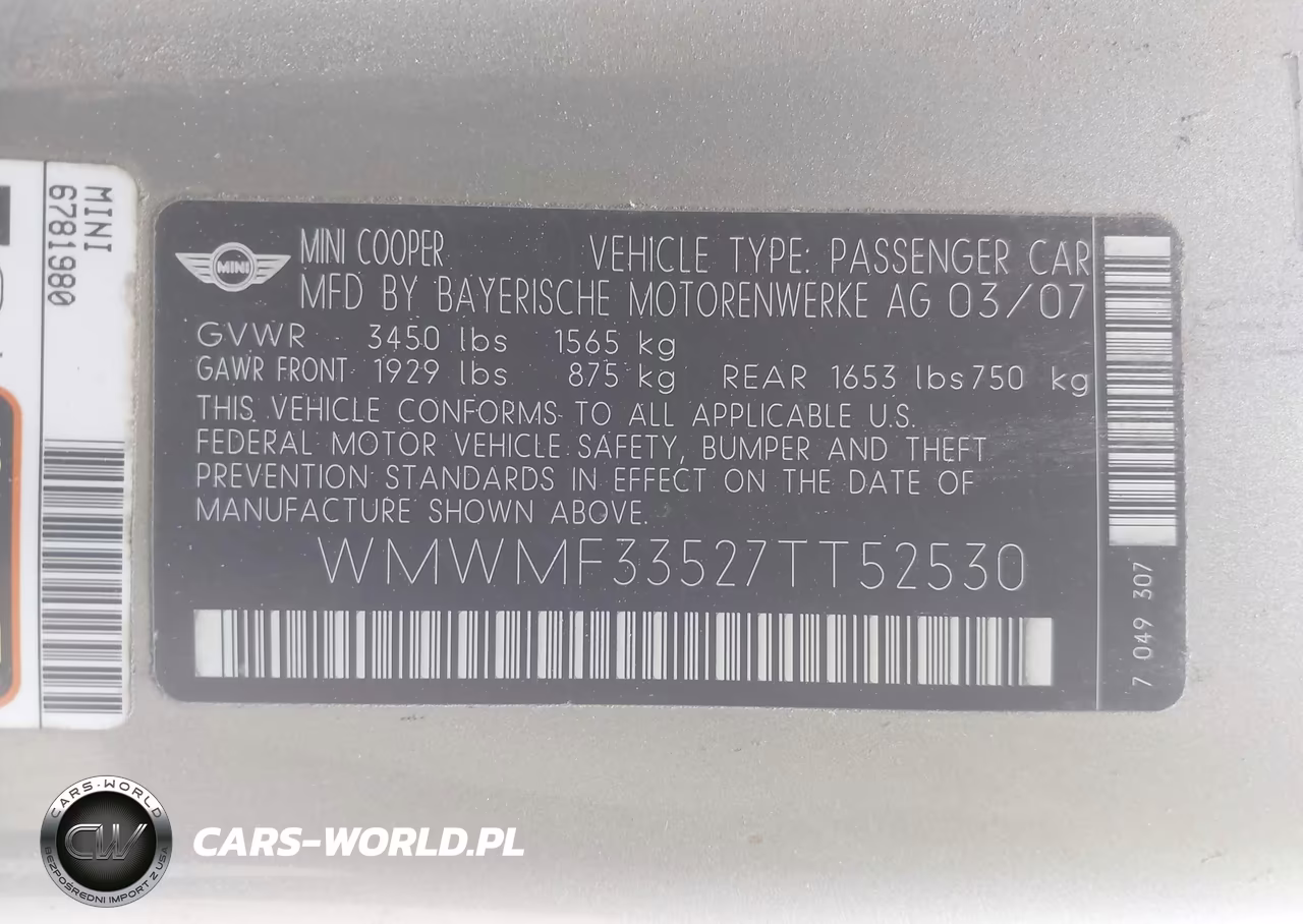 2007 Mini Cooper VIN:WMWMF33527TT52530 - 9