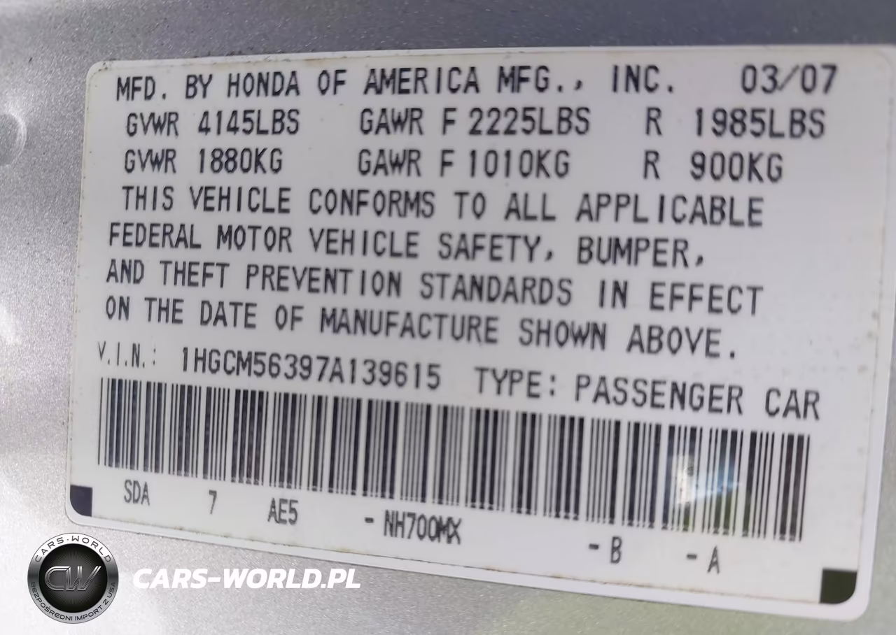 2007 Honda Accord 2.4 Se VIN:1HGCM56397A139615 - 9
