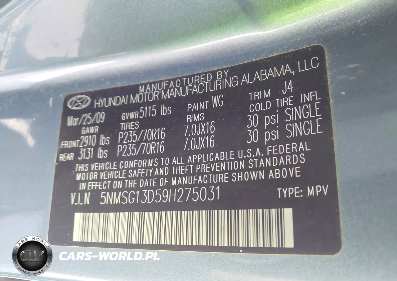 2009 Hyundai Santa Fe Gls VIN:5NMSG13D59H275031 - 9