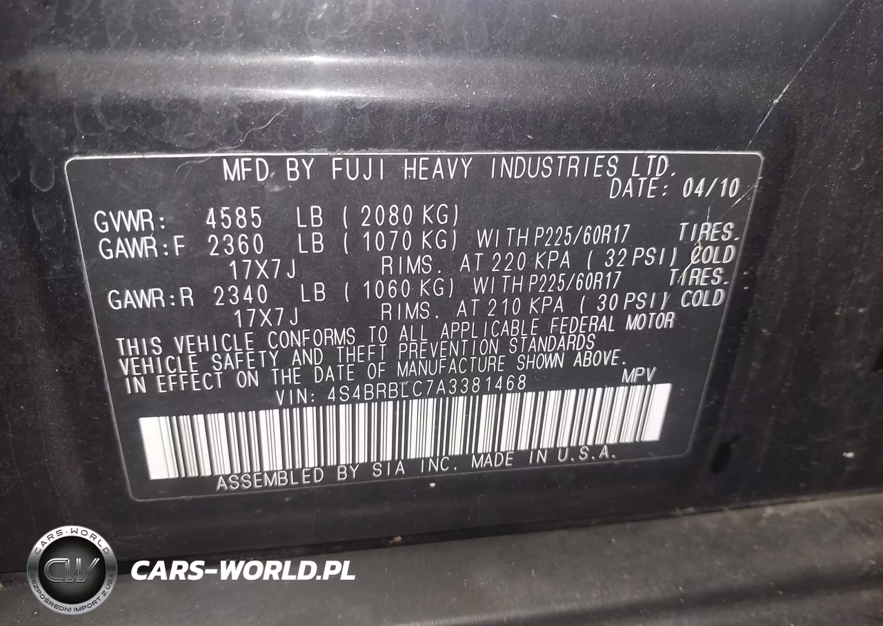 2010 Subaru Outback 2.5I Limited VIN:4S4BRBLC7A3381468 - 9