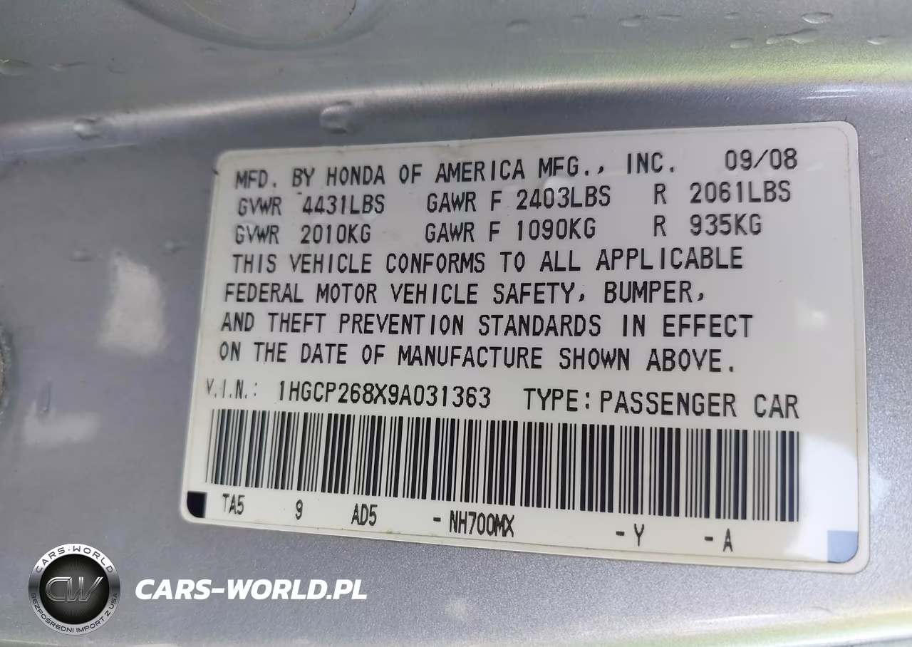 2009 Honda Accord 2.4 Ex-L VIN:1HGCP268X9A031363 - 9