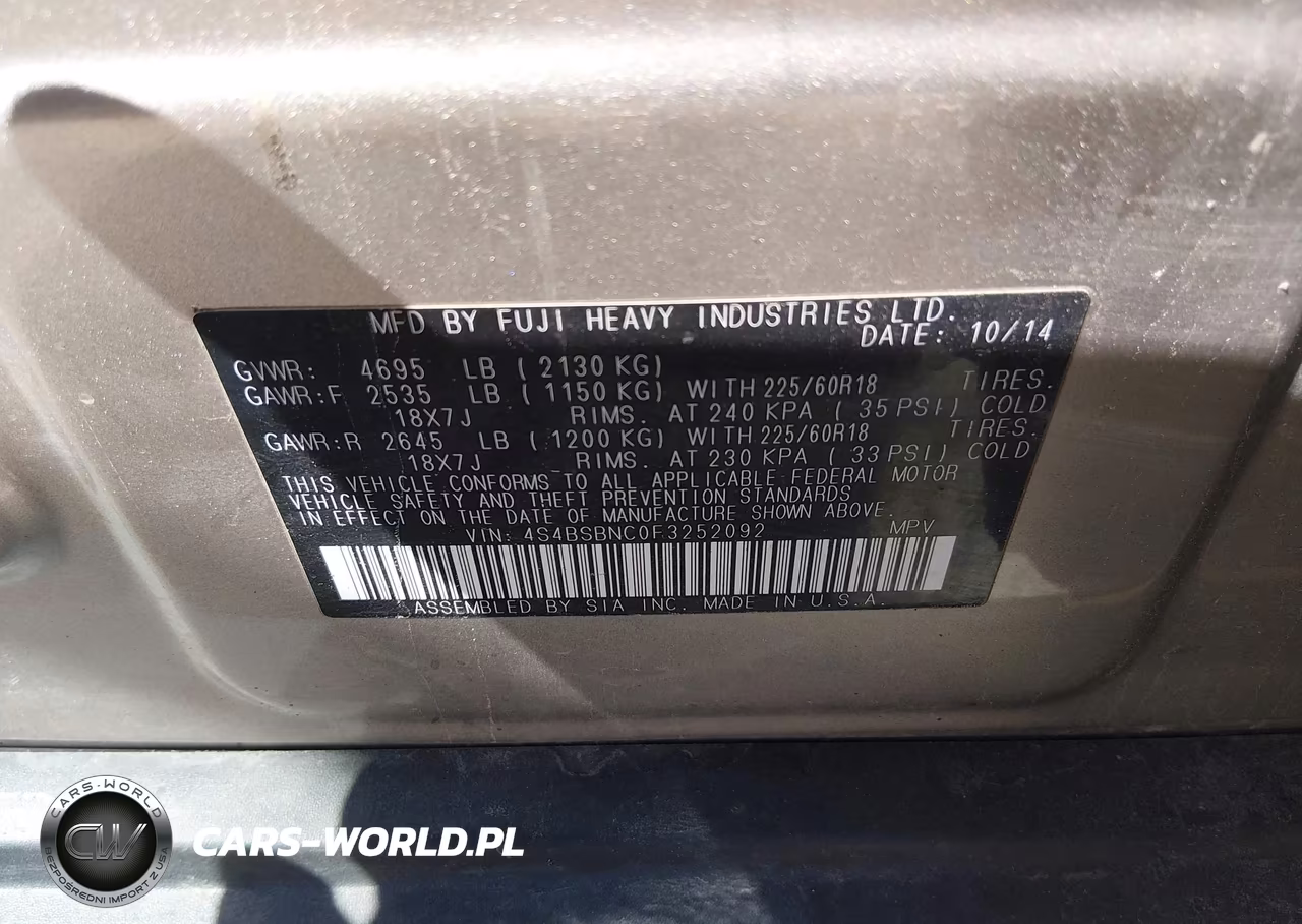 2015 Subaru Outback 2.5I Limited VIN:4S4BSBNC0F3252092 - 9