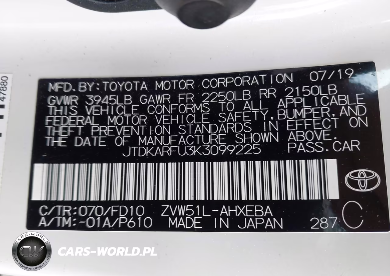 2019 Toyota Prius Le VIN:JTDKARFU3K3099225 - 9