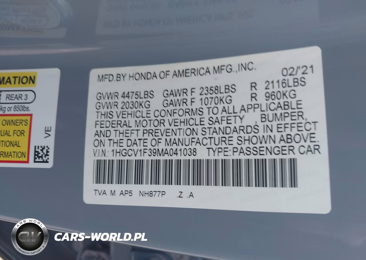 2021 Honda Accord Sport VIN:1HGCV1F39MA041038 - 9