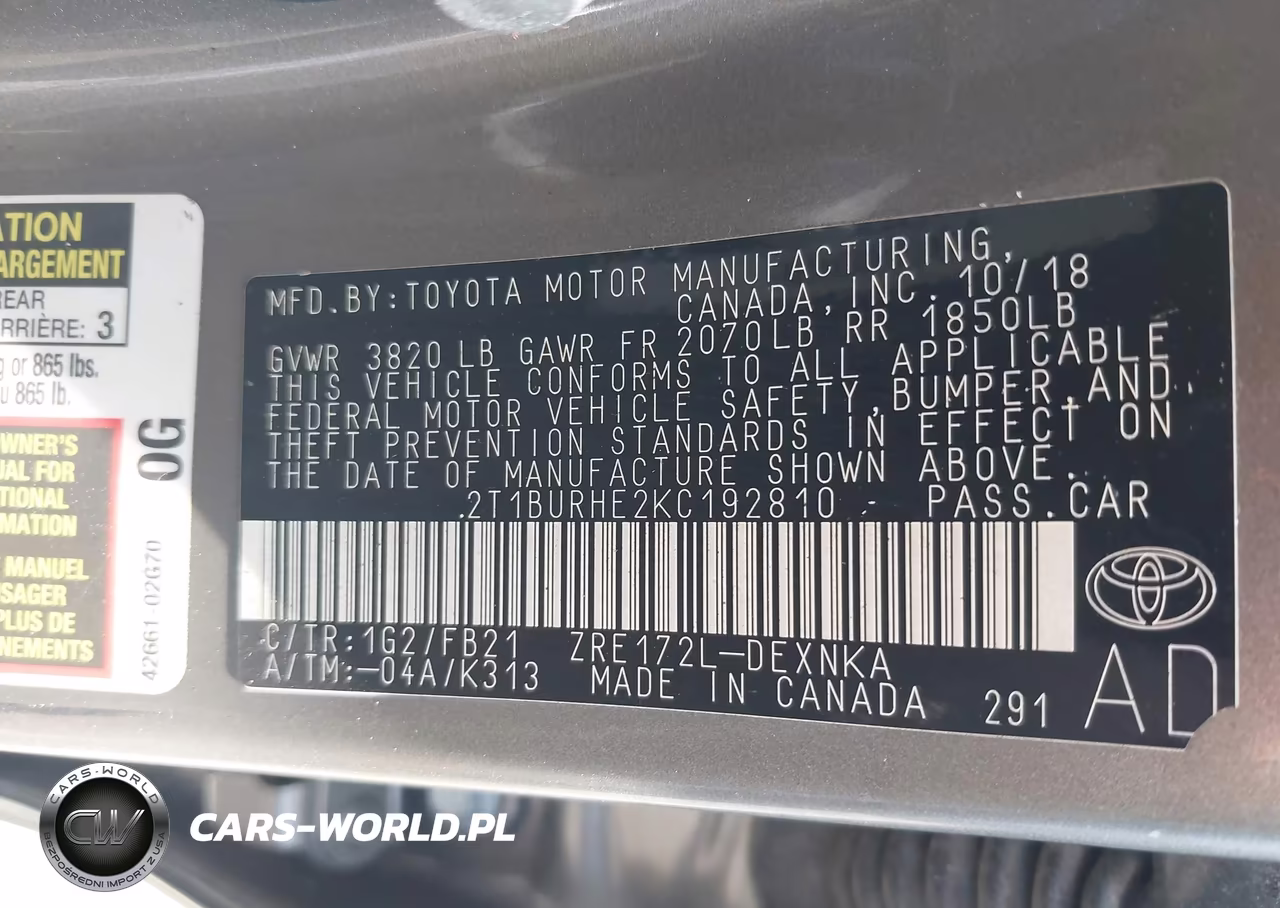 2019 Toyota Corolla Le VIN:2T1BURHE2KC192810 - 9
