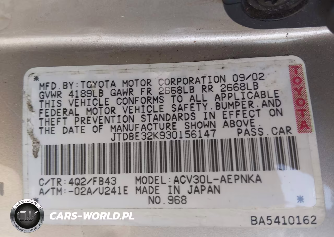 2003 Toyota Camry Le VIN:JTDBE32K930156147 - 9