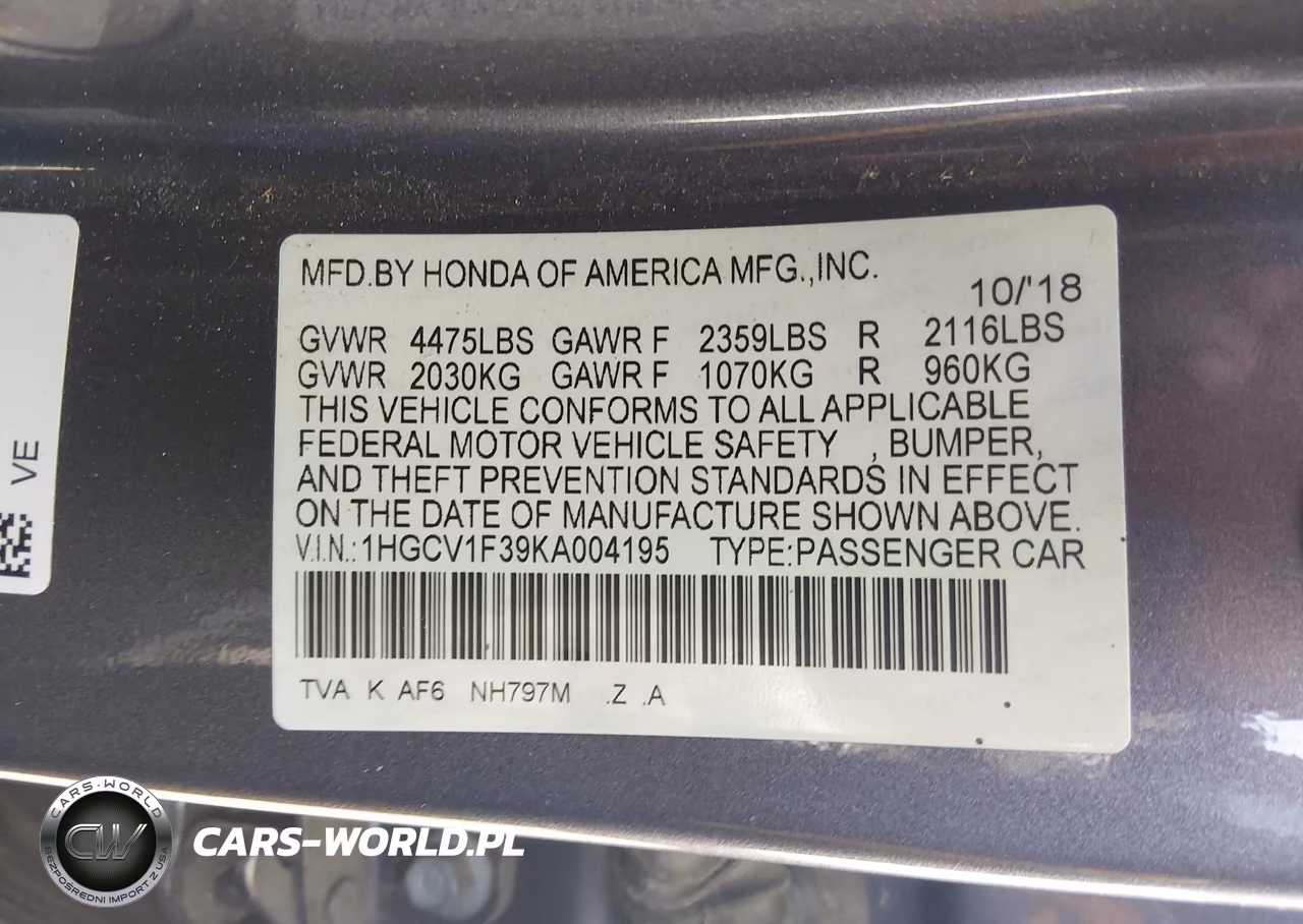 2019 Honda Accord Sport VIN:1HGCV1F39KA004195 - 9