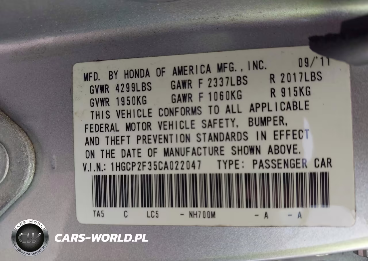 2012 Honda Accord 2.4 Lx VIN:1HGCP2F35CA022047 - 9