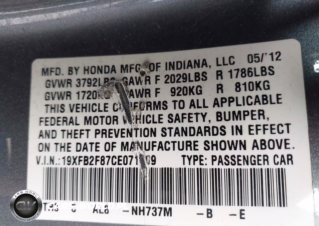 2012 Honda Civic Ex VIN:19XFB2F87CE071009 - 9
