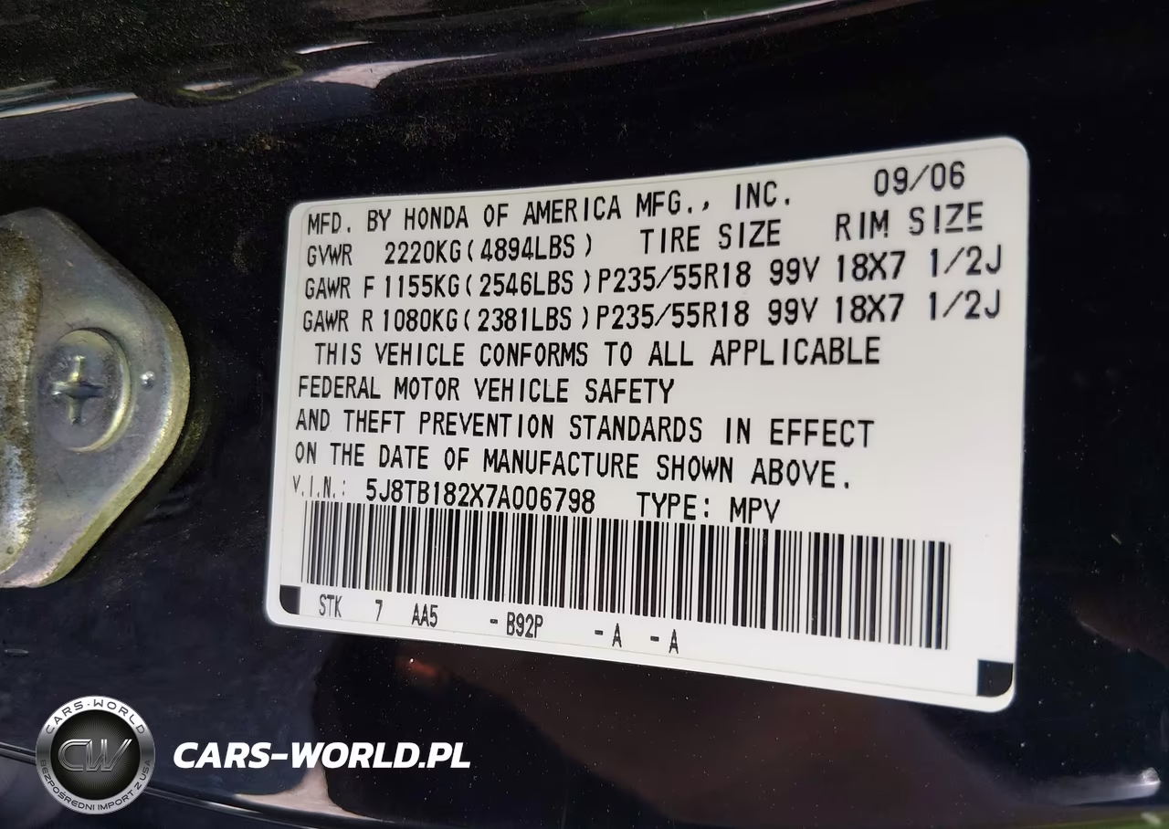 2007 Acura Rdx VIN:5J8TB182X7A006798 - 9