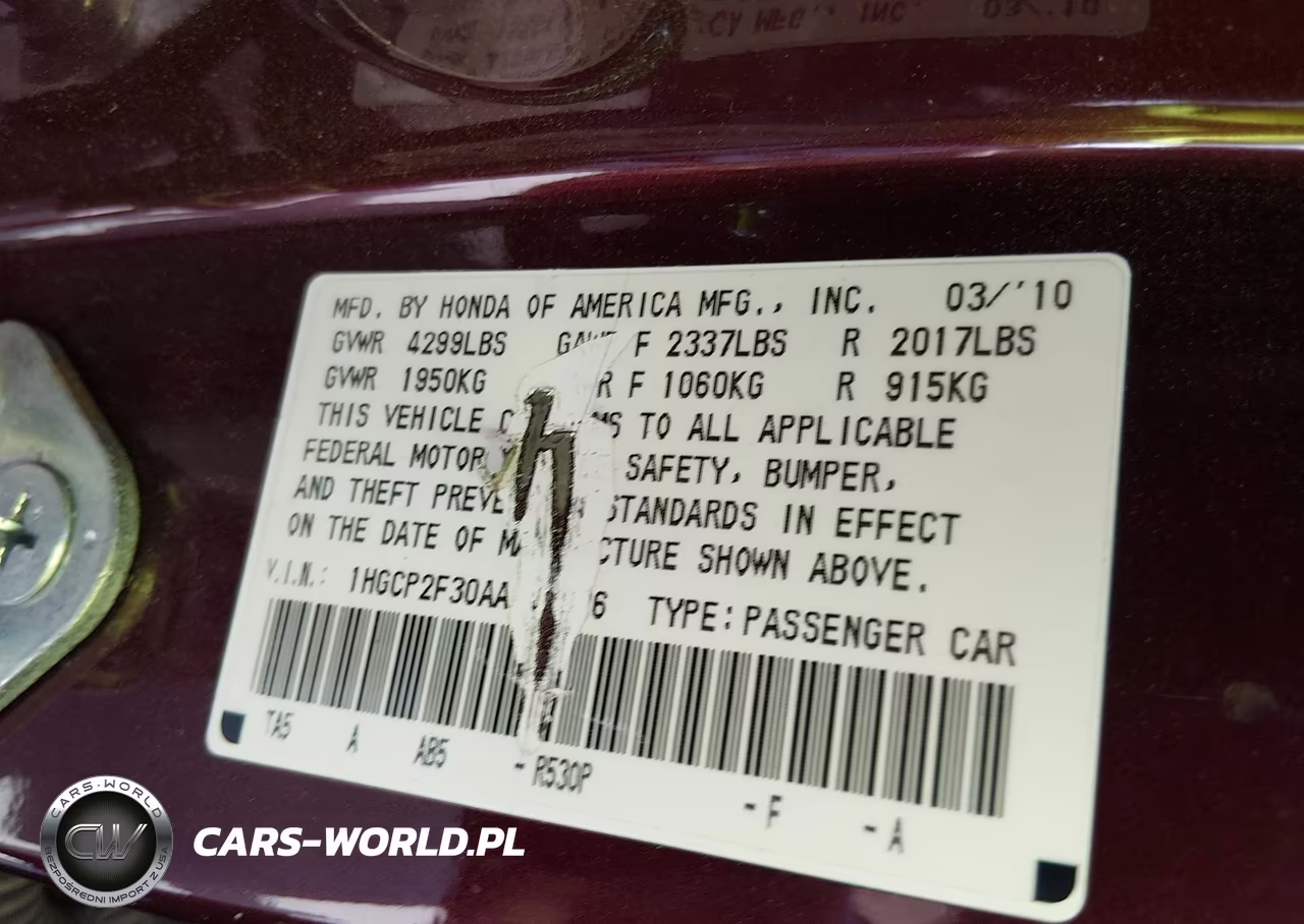 2010 Honda Accord 2.4 Lx VIN:1HGCP2F30AA100926 - 9