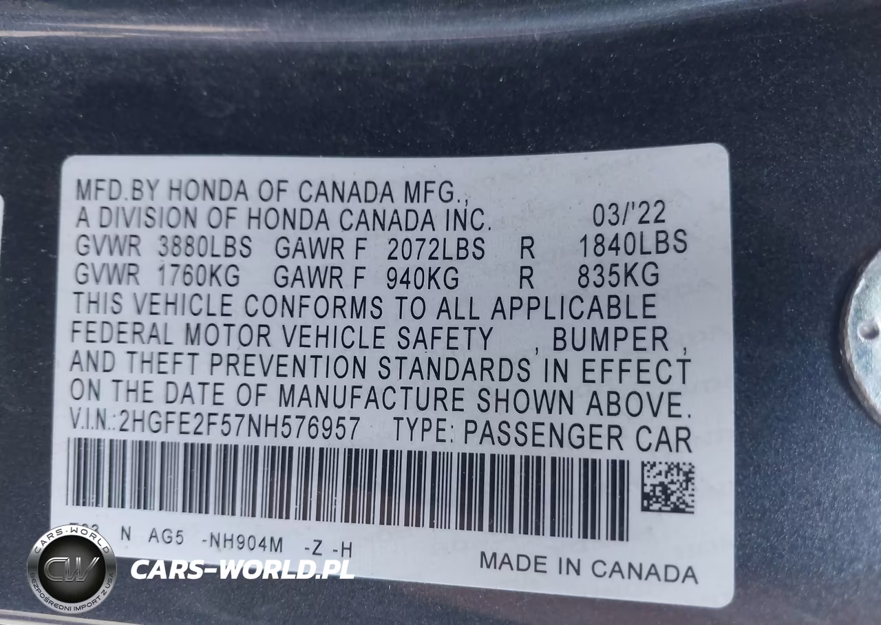 2022 Honda Civic Sport VIN:2HGFE2F57NH576957 - 9