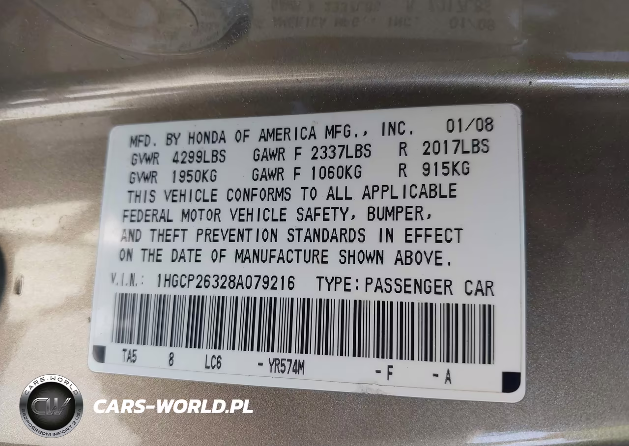 2008 Honda Accord 2.4 Lx VIN:1HGCP26328A079216 - 9