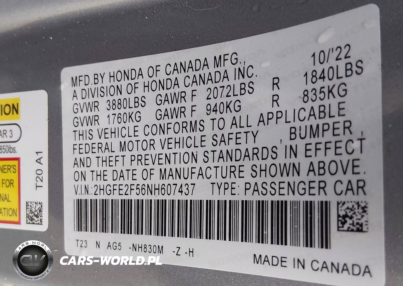 2022 Honda Civic Sport VIN:2HGFE2F56NH607437 - 9