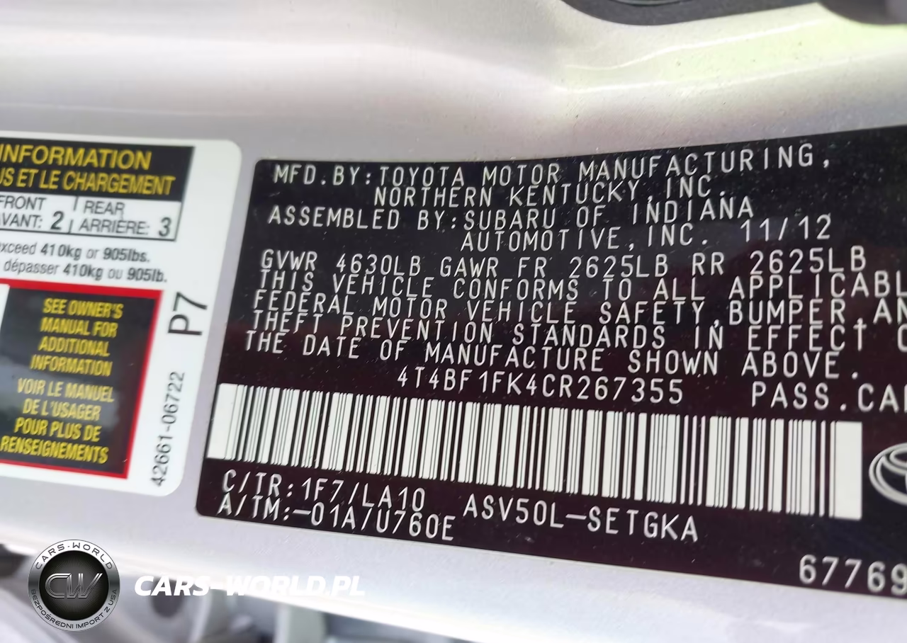 2012 Toyota Camry Xle VIN:4T4BF1FK4CR267355 - 9