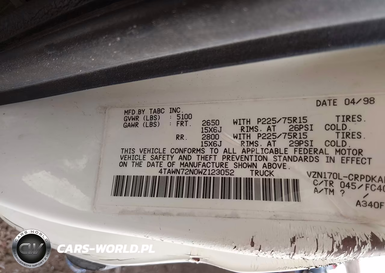 1998 Toyota Tacoma Base V6 VIN:4TAWN72N0WZ123052 - 9