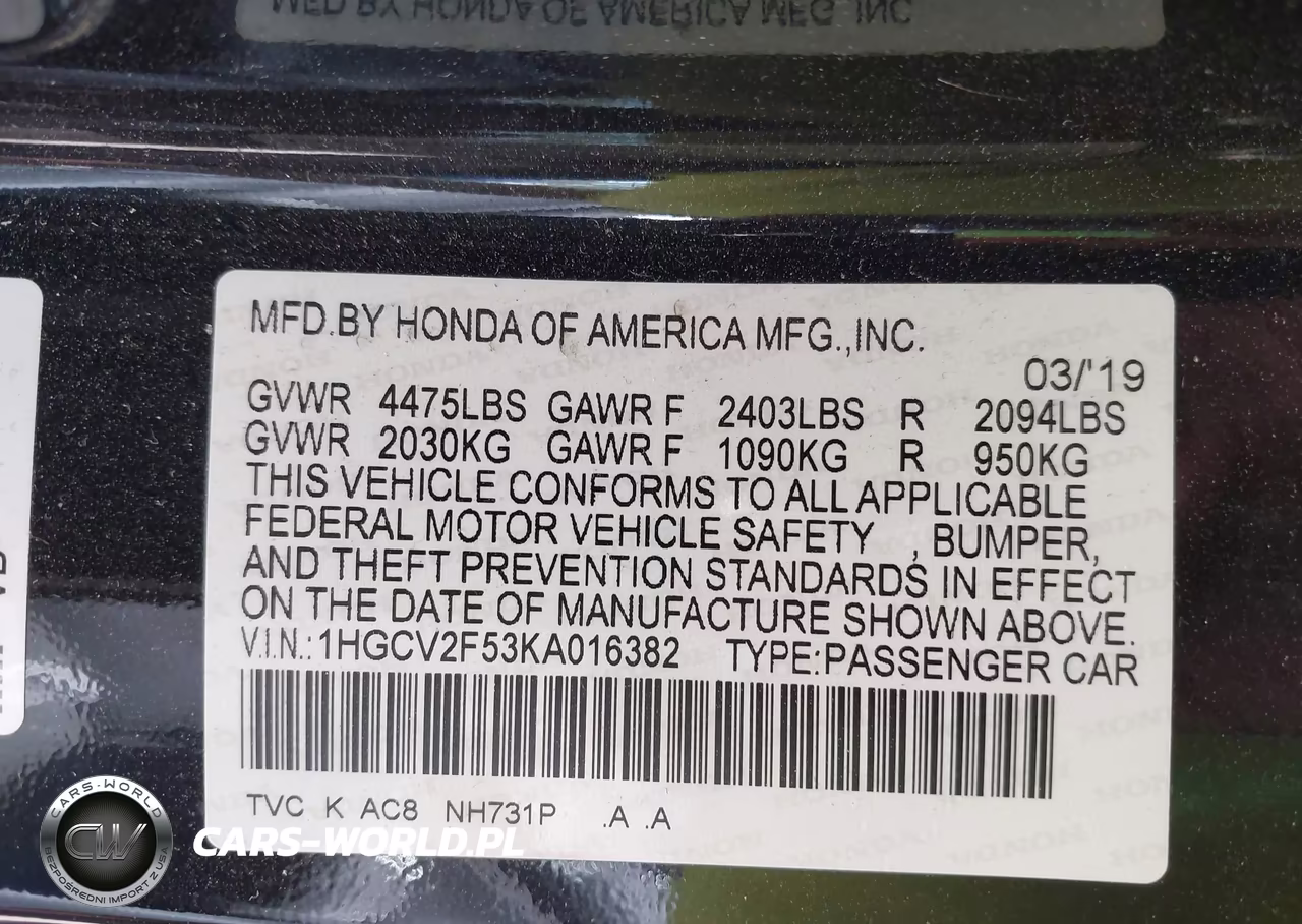 2019 Honda Accord Ex-L 2.0T VIN:1HGCV2F53KA016382 - 9