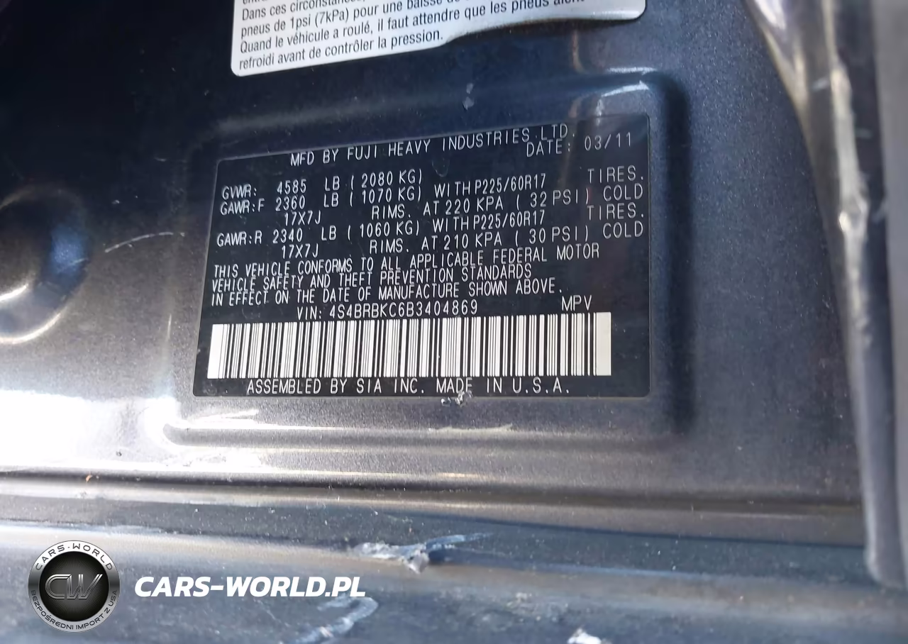 2011 Subaru Outback 2.5I Limited VIN:4S4BRBKC6B3404869 - 9